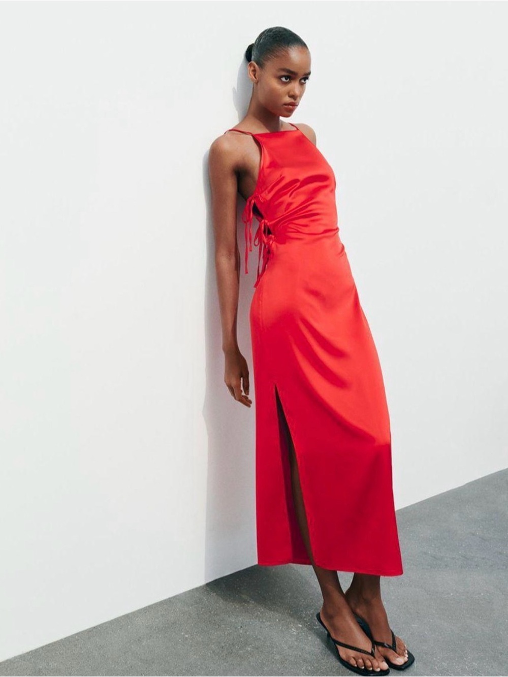 NWT ZARA Tied Satin Effect Red Side-Bow ties Cutout Midi/ Maxi Dress XS